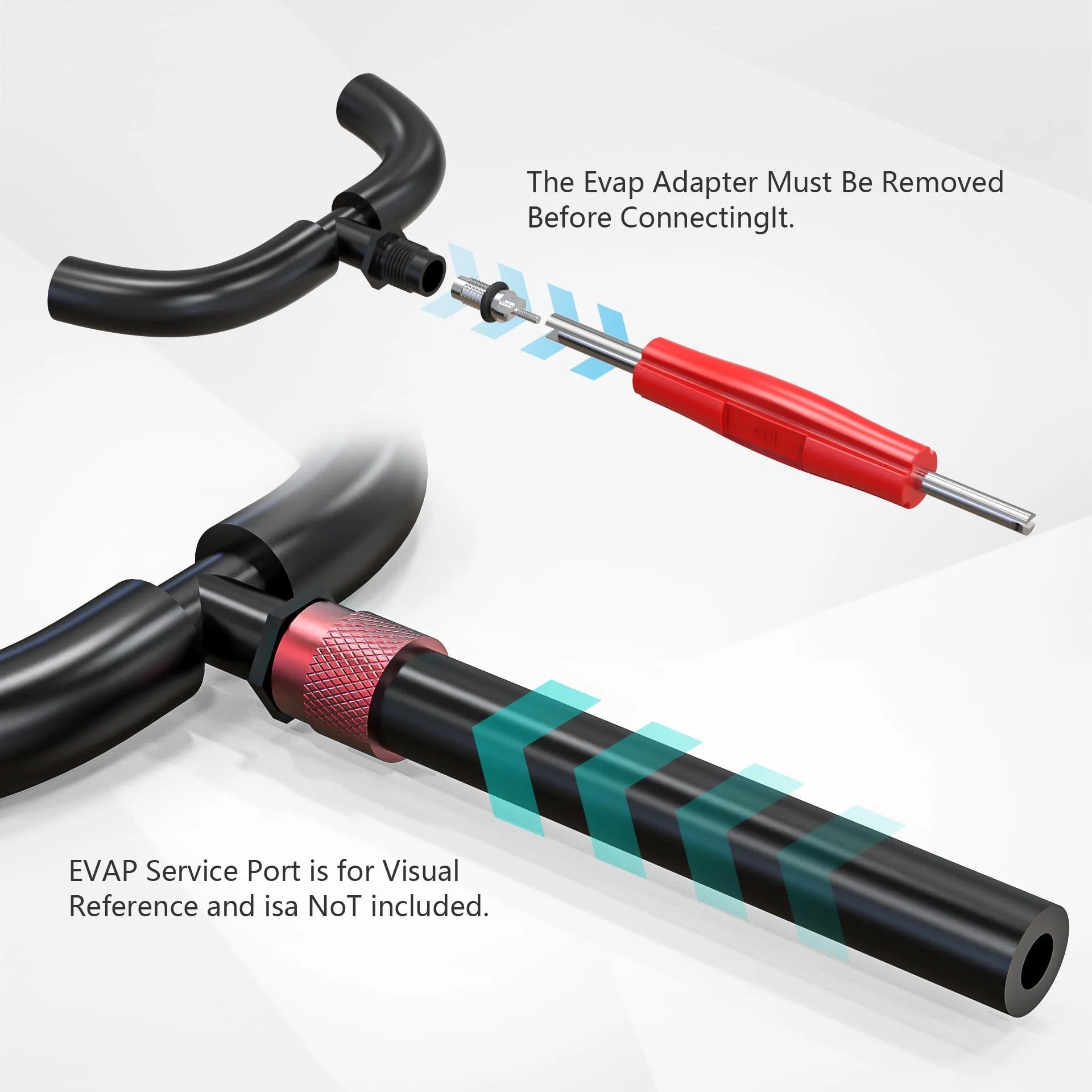 Close-up of EVAP service port adapter kit with valve removal tool for quick leak tests in automotive diagnostics.