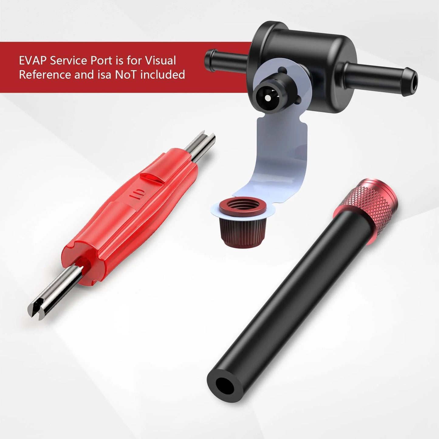 Evap Service Port Adapter Kit With Valve Removal Tool For Quick No Fuss Leaks Tests Easy Connection To Automotive Smoke Leak Testers And Accessories Universal Compatibility With Most Cars And Diagnostic Gear Speed Up Leak Diagnosis, includes adapter and removal tool.