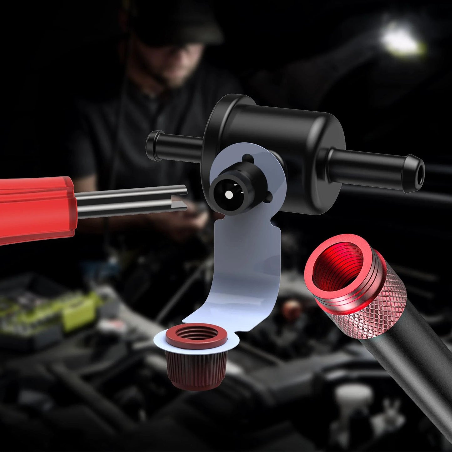 Close-up of Evap Service Port Adapter Kit With Valve Removal Tool, showcasing fittings and connections for automotive diagnostic use.