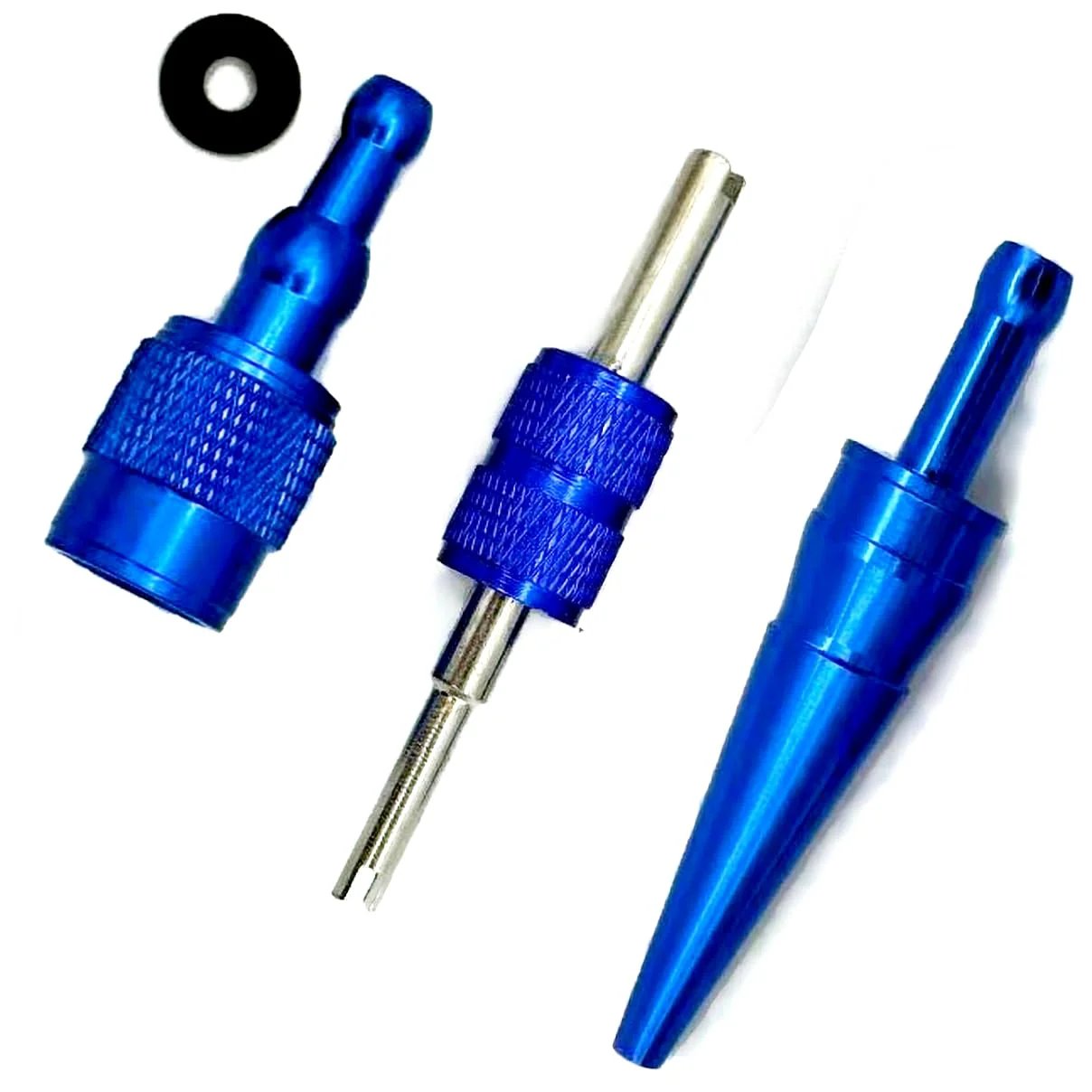 Close-up of EVAP Service Port Connector Kit With 3 Pieces For Automotive Smoke Machines showing fittings and nozzle adapter.