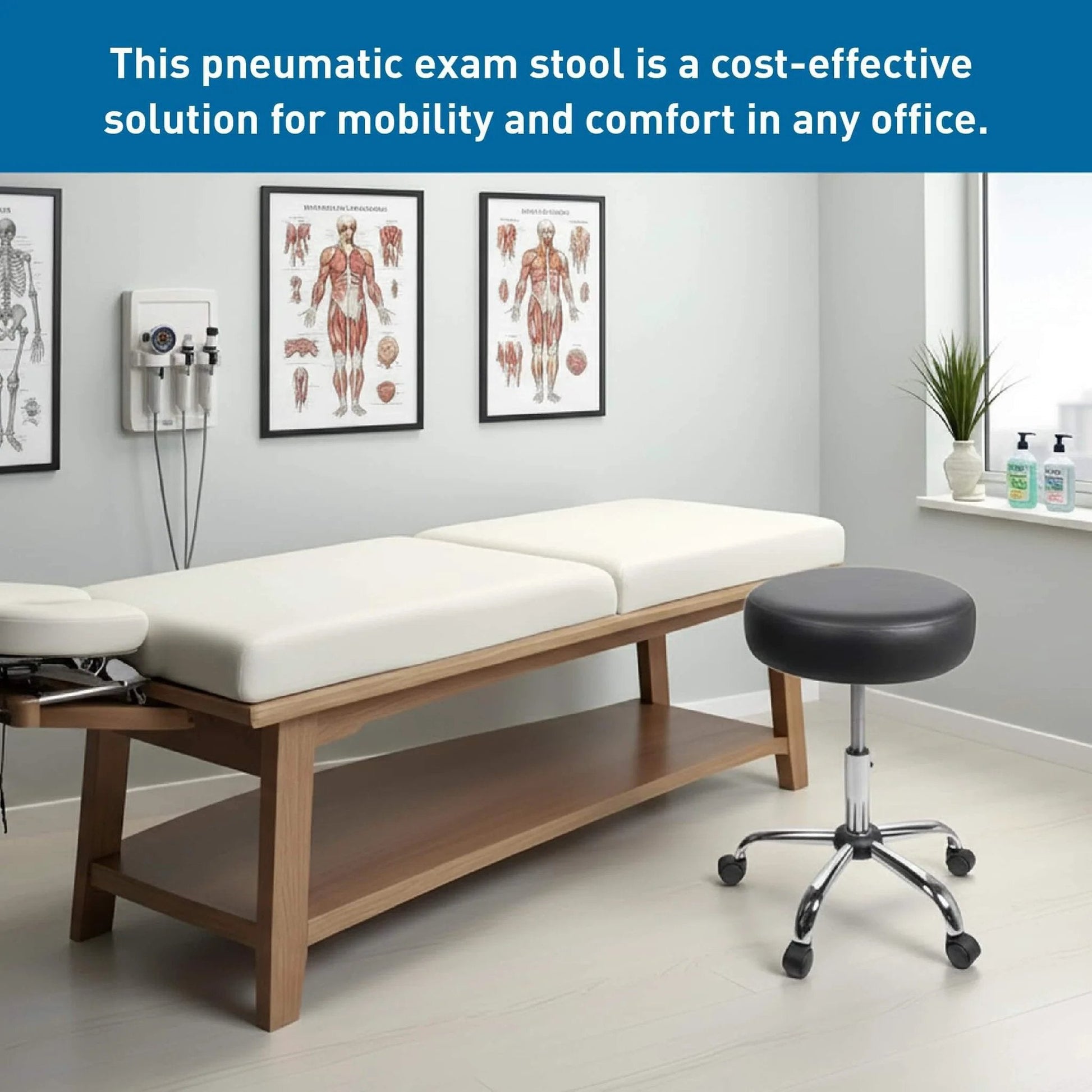 Rolling Exam Stool with Wheels, 18.5 Inch to 25 Inch Adjustable Height for Dentists, Spas, & Healthcare Environments, 5 Casters, Easy Assembly, Black in clinic setting.