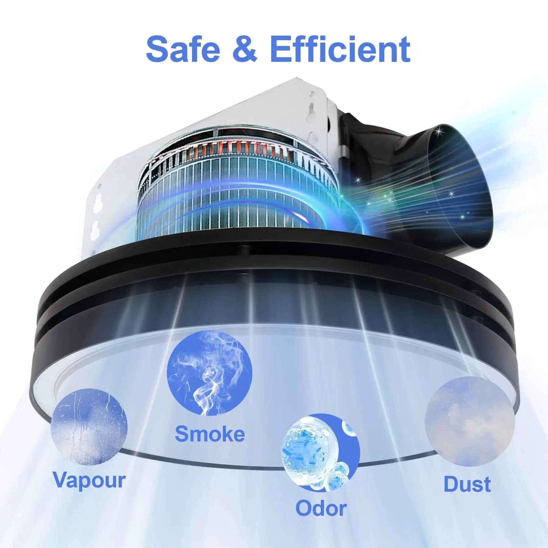 Powerful 110 CFM Bathroom Exhaust Fan With Light From Akicon, showing air filtration and illumination features, round black design.