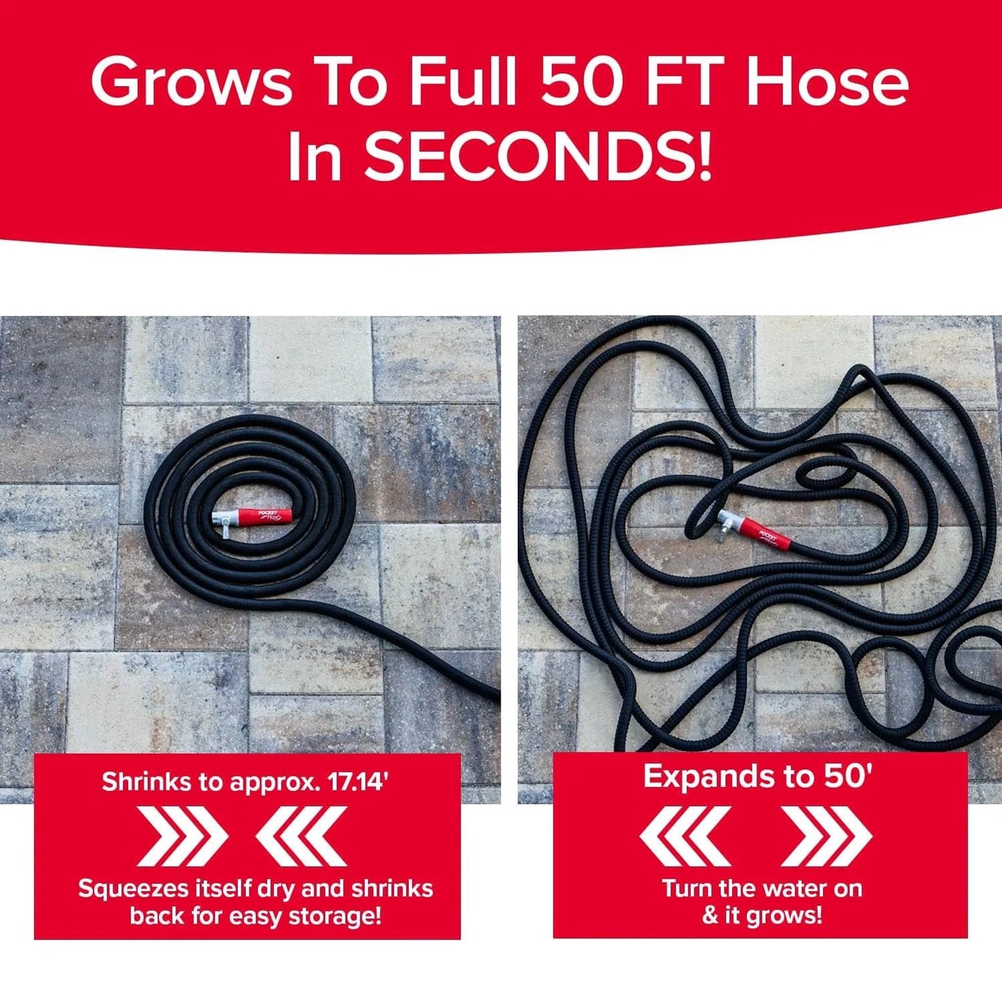 Expandable Garden Hose That Grows From 50 Feet To Full Size With Turbo Shot Nozzle Lead Free Solid Aluminum Connectors Easy On Off Valve Kink Free And Leak Proof As Seen On TV Pocket Hose Silver Bullet 2.0 shown expanded to 50 feet and coiled for storage.