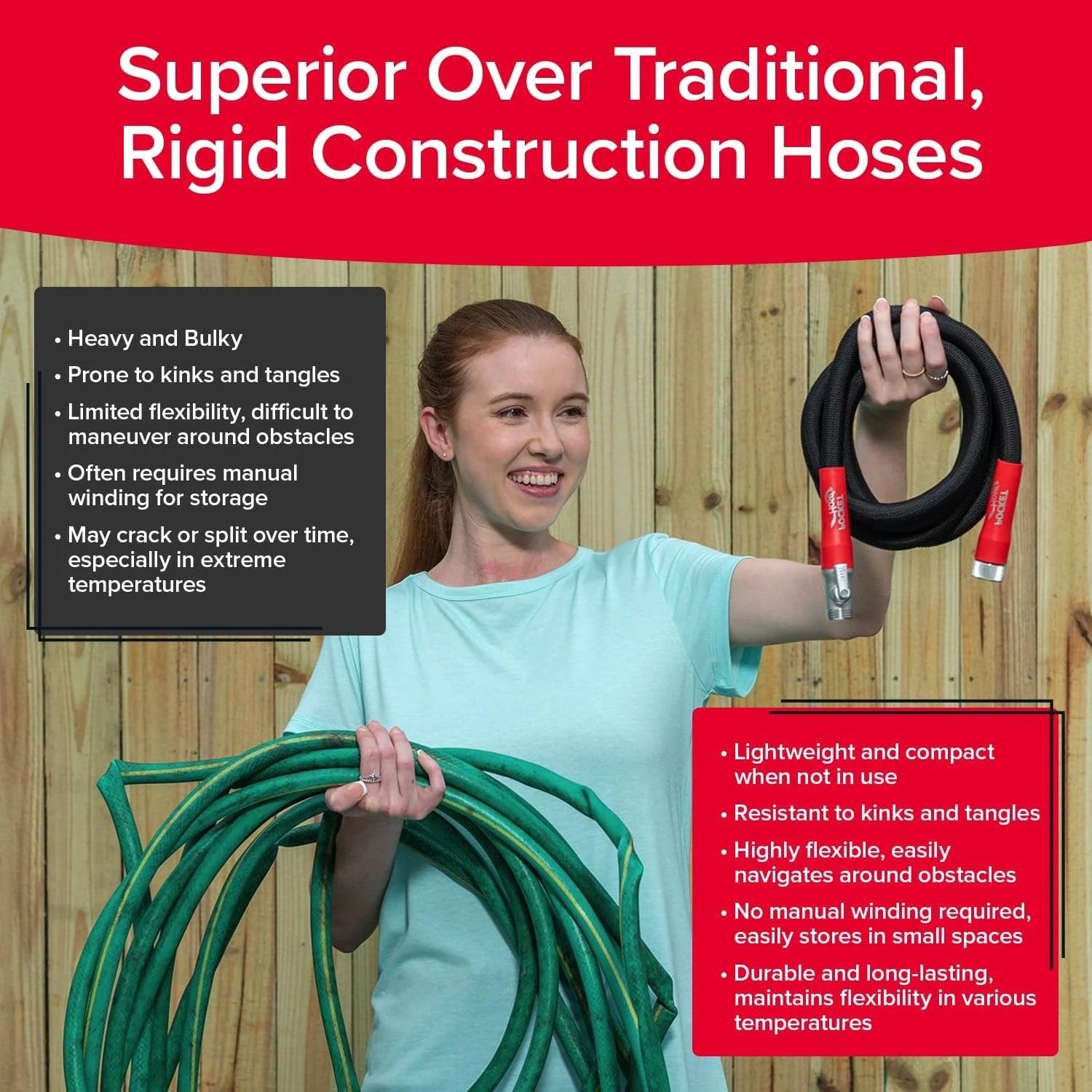 A woman comparing a traditional heavy hose and a lightweight Expandable Garden Hose That Grows From 50 Feet To Full Size With Turbo Shot Nozzle Lead Free Solid Aluminum Connectors Easy On Off Valve Kink Free And Leak Proof As Seen On TV Pocket Hose Silver Bullet 2.0.
