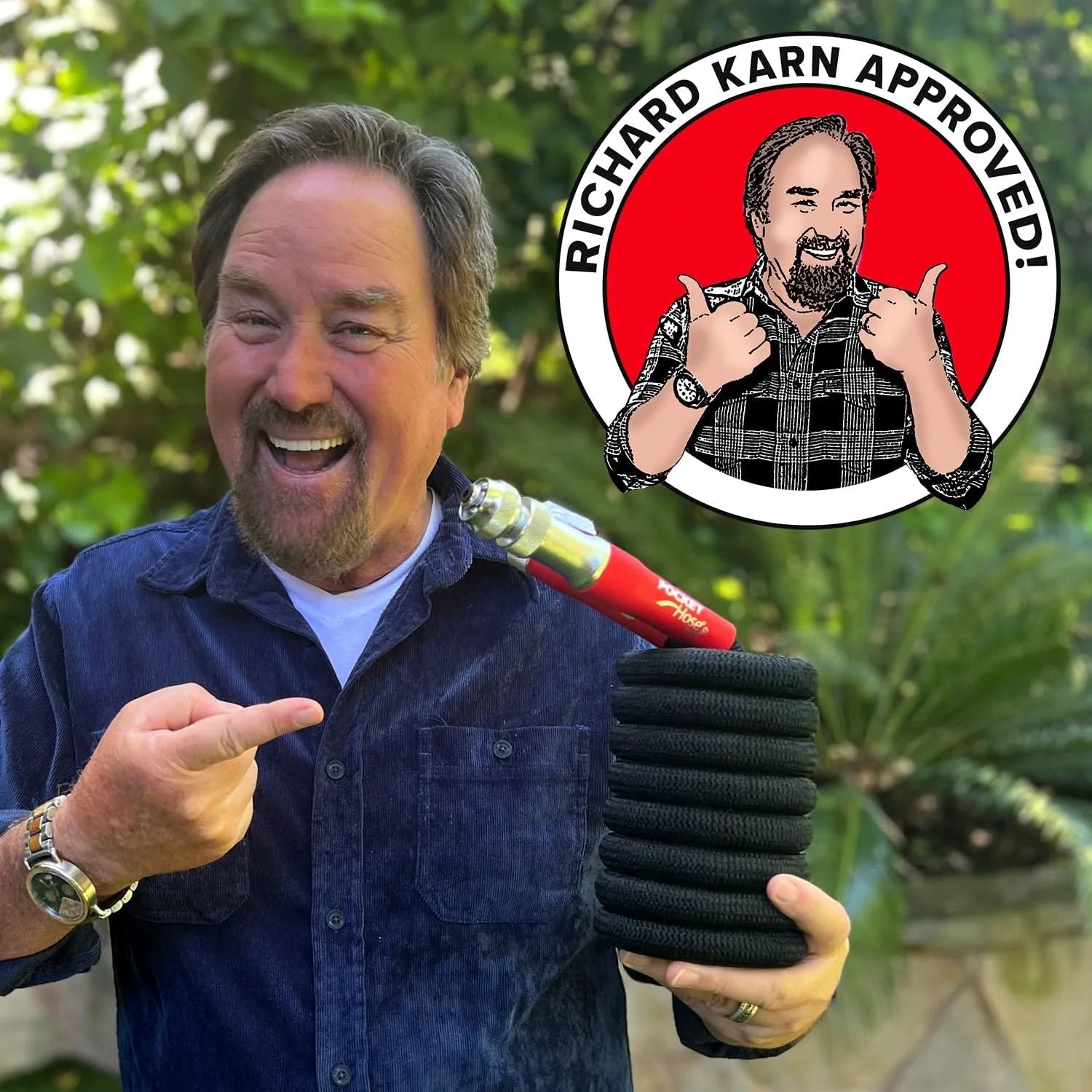 Expandable Garden Hose That Grows From 50 Feet To Full Size With Turbo Shot Nozzle held by a man in a garden setting.