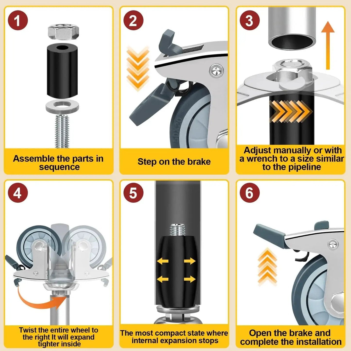 Installation steps for using 3 Inch Expanding Stem Caster Wheels Set Of 4 For Prep Tables Heavy Duty Casters With Locking Brake