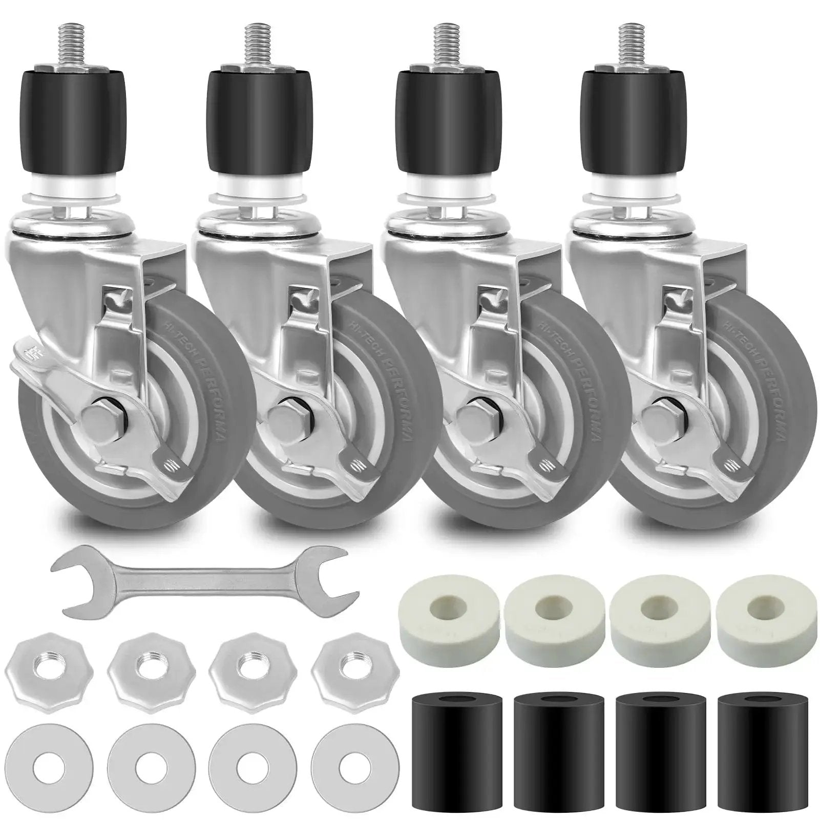 Expanding Stem Casters Set Of 4 With Brakes For Stainless Steel Worktables And Carts Fits One And One Half Inch To One And Five Eighths Inch ID Legs Swivel Castors Elevate Height By 5.1 Inches Load Capacity 1200 Lbs. shown with parts and tool