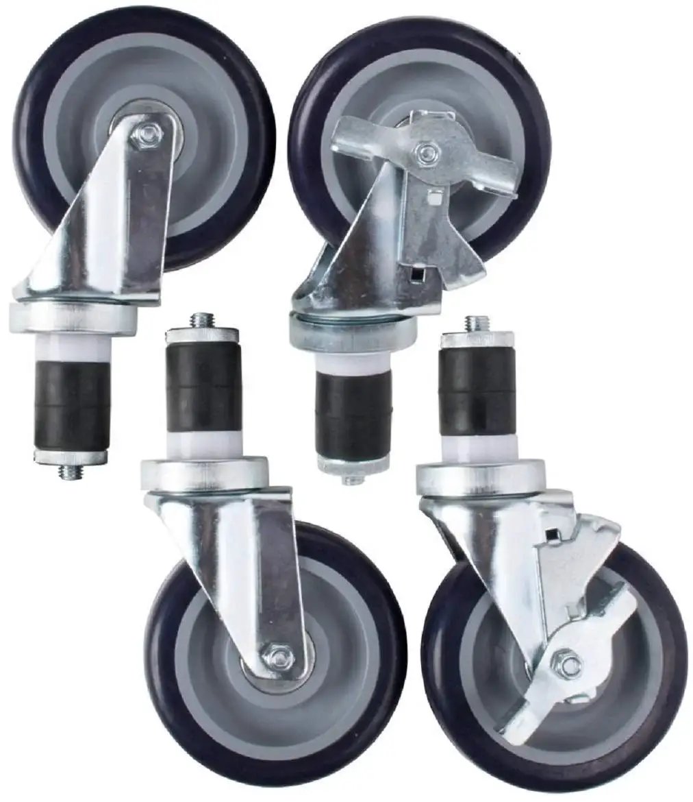 Expanding Stem Casters For Work Tables And Equipment Stands 4 Inch Wheel Set With Brakes On Two Casters And Two Without