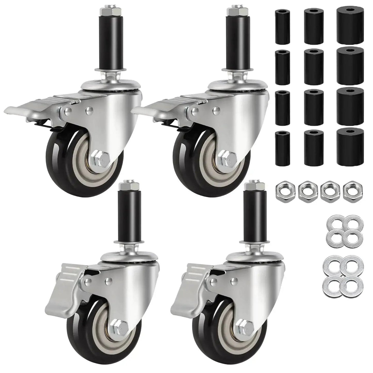 Expanding Stem Caster Wheels, 3 Inch, Dual Brake, Set Of 4 For 7/8 To 1-5/8 Inch Tube Legs, Fits Stainless Steel Prep Tables.