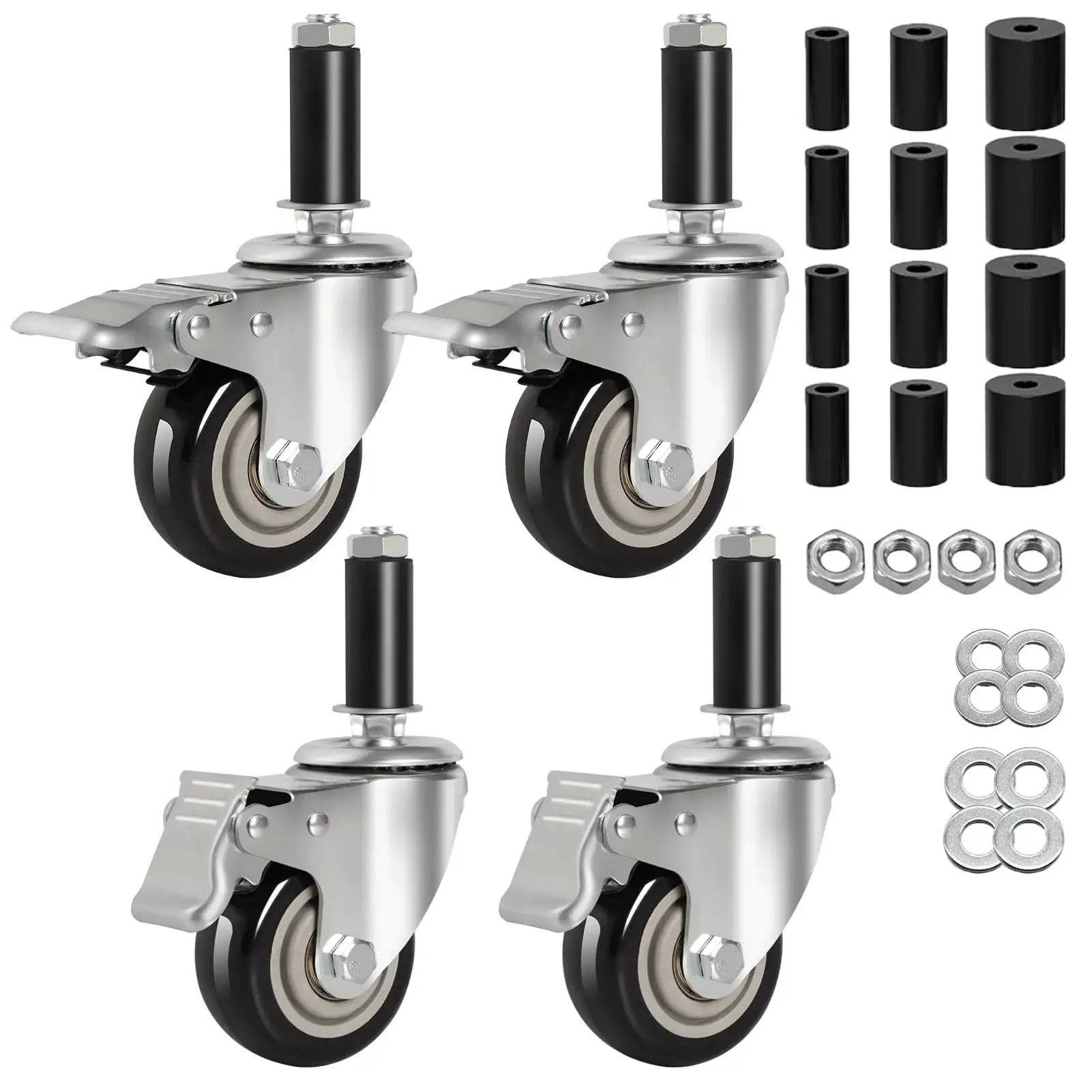 Expanding Stem Caster Wheels, 3 Inch, Dual Brake, Set Of 4 For 7/8 To 1-5/8 Inch Tube Legs, Fits Stainless Steel Prep Tables.