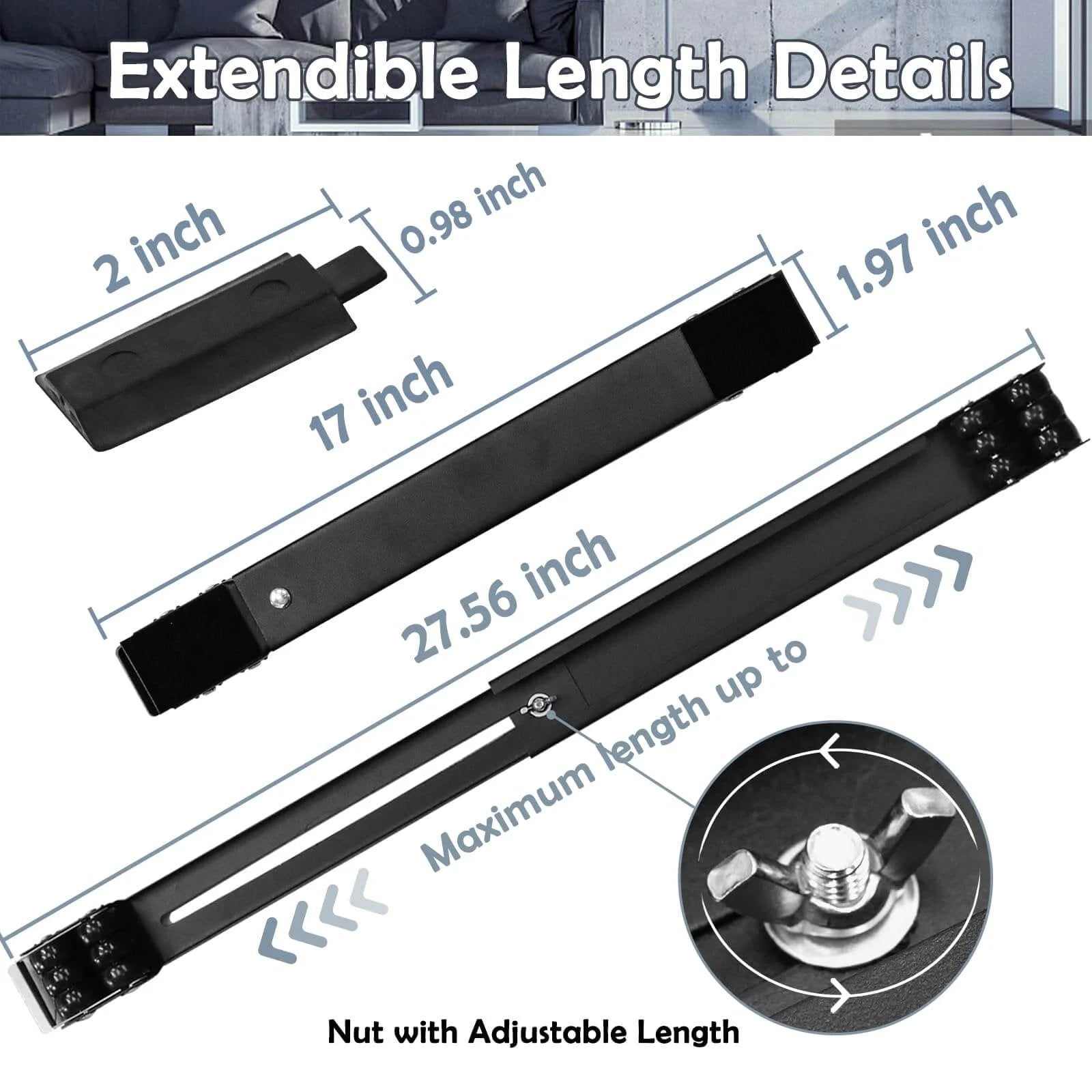 Extendable Furniture Appliances Rollers with length details, 27.56 inch max extension, strong base, 24 roller and brake equipment