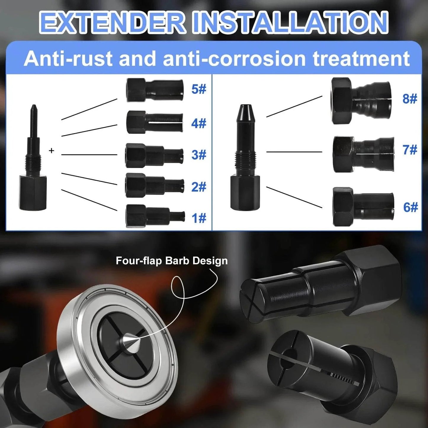 12PCS Blind Hole Bearing Puller Set with Slide Hammer showing extender installation and anti-corrosion treatment details