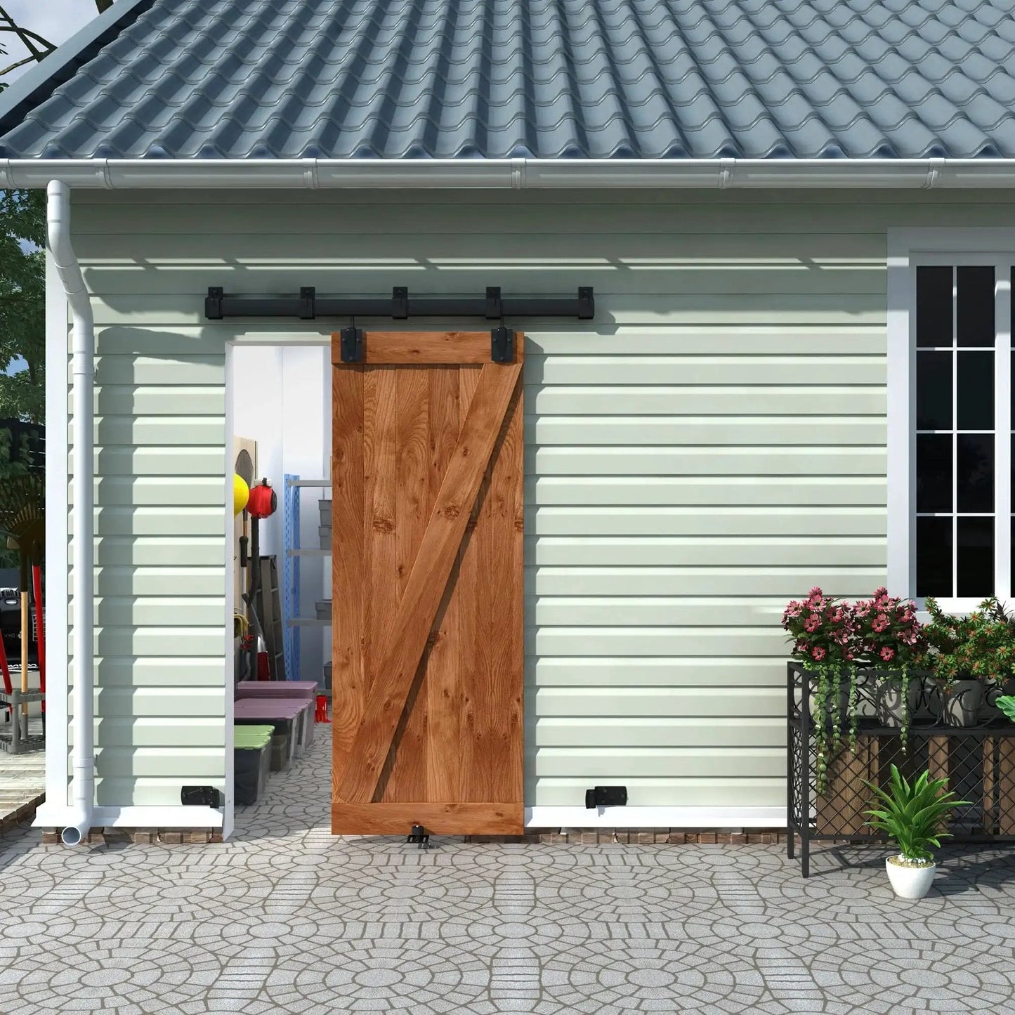 Black Exterior Sliding Barn Door Hardware Track Kit Heavy Duty Outdoor Weatherproof Wall Mount System installed on house