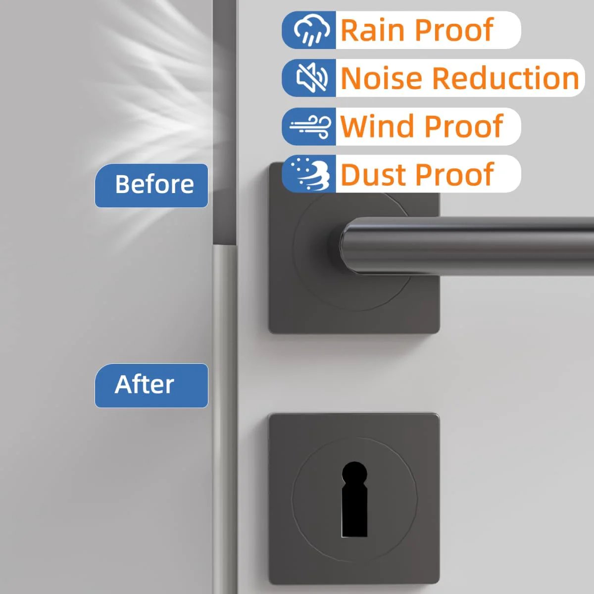 Wedge Style Door Weather Stripping Seal 118 Inch for Exterior Front Door Side White With Upgraded Black Foam installed, showing weatherproof benefits.