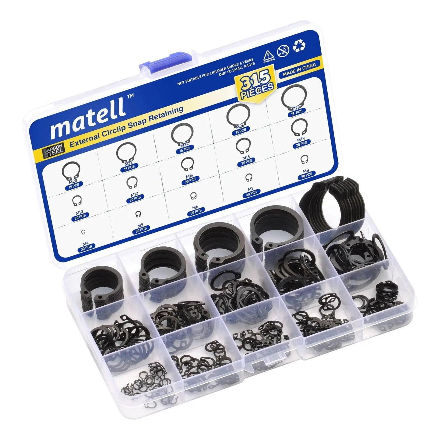 Premium Alloy Steel External Circlip Snap Ring Kit With 315 Piece Set, 15 Size Assortment For Shafts, in storage case by Matell