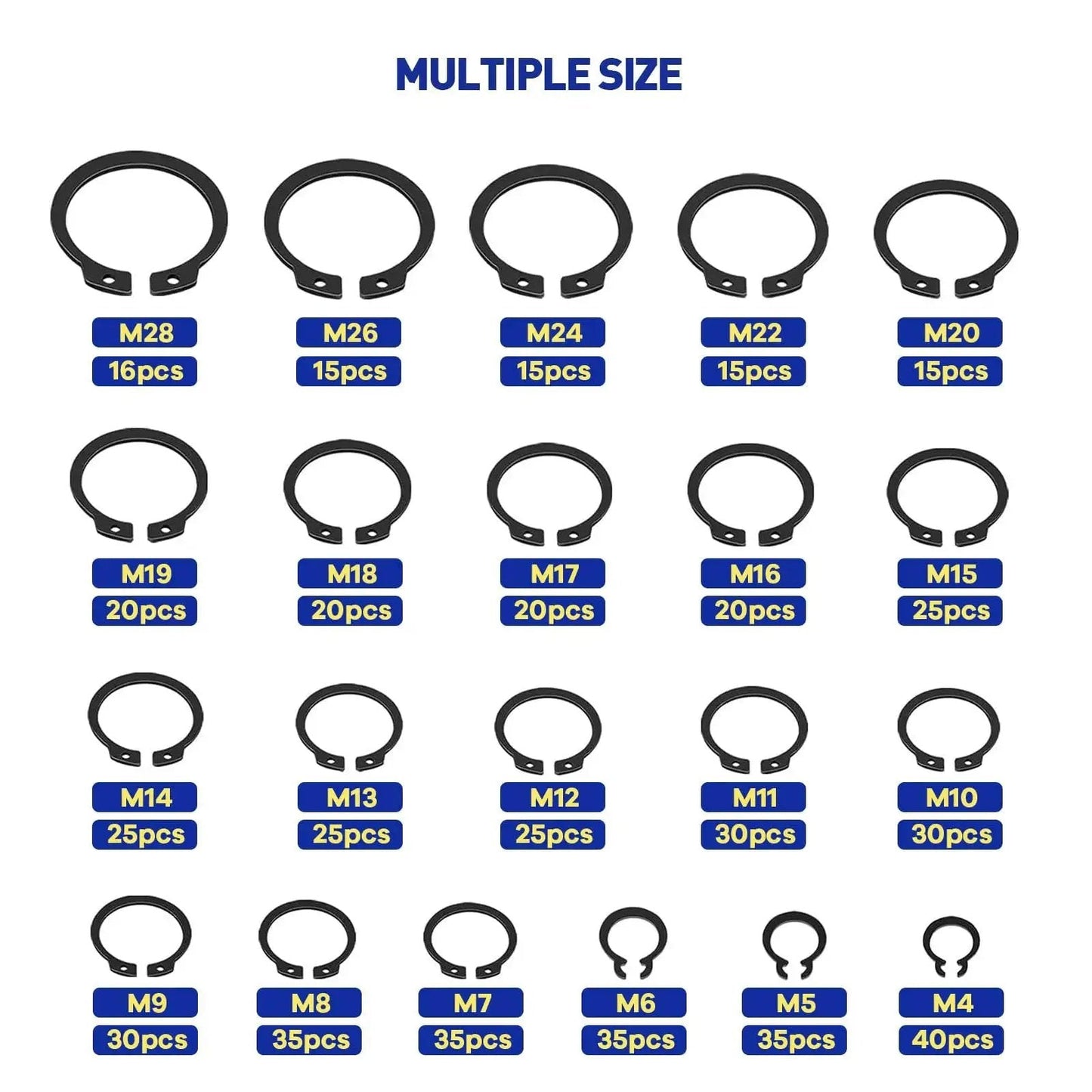 External Circlip Snap Ring Kit 500 Pcs Alloy Steel Snap Ring Assortment Set 21 Sizes M4 To M28 with quantity labels for each size