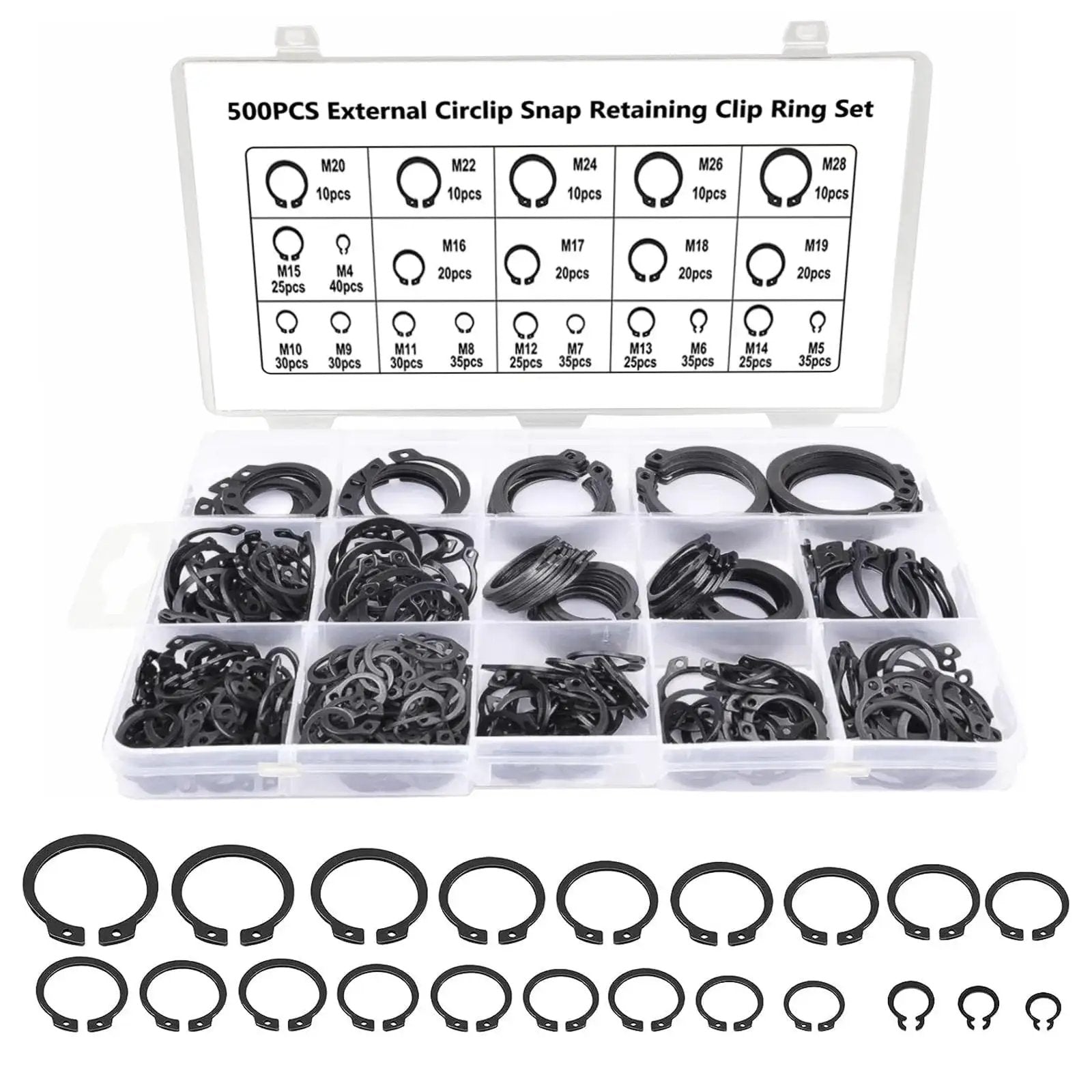 500 pcs External Circlip Snap Ring Kit in organizer box, alloy steel, 21 sizes M4 to M28, ideal for mech shop auto DIY projects