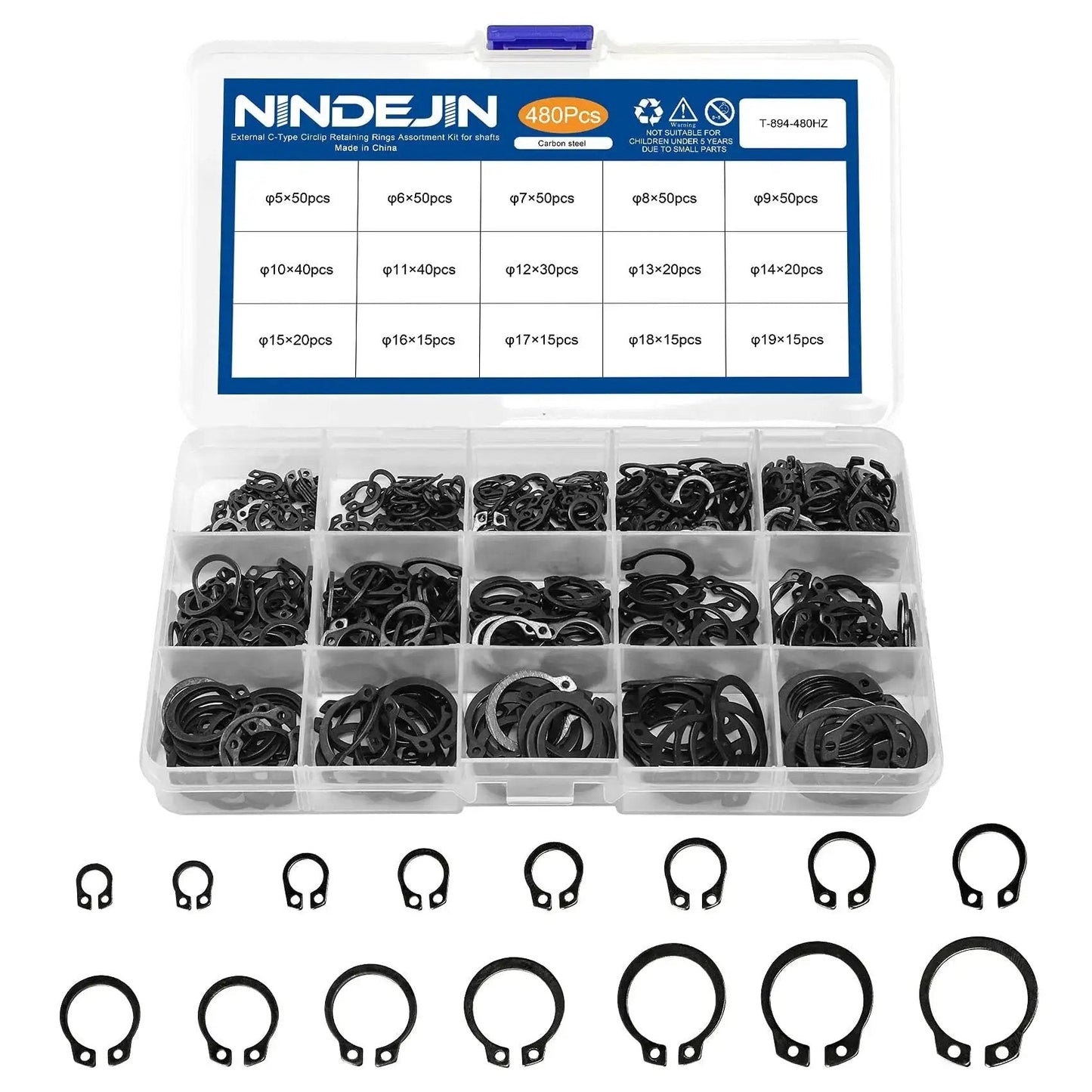 External Retaining Rings Kit Circlip Snap Ring Set for Shafts and Grooves in assorted storage box