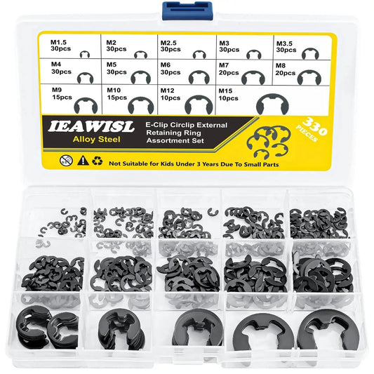 External Retaining Rings Set 330-Piece Alloy Steel E-Clip Assortment M1.5 To M15 For Bearings in storage box