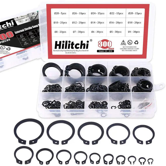 Alloy Steel External Snap Ring Assortment Kit, 300-Piece, 15-Size Set From 4mm To 28mm with open storage case showing rings