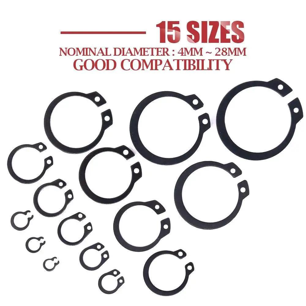 Alloy Steel External Snap Ring Assortment Kit, 300-Piece, 15-Size Set from 4mm to 28mm shown with various ring sizes displayed.