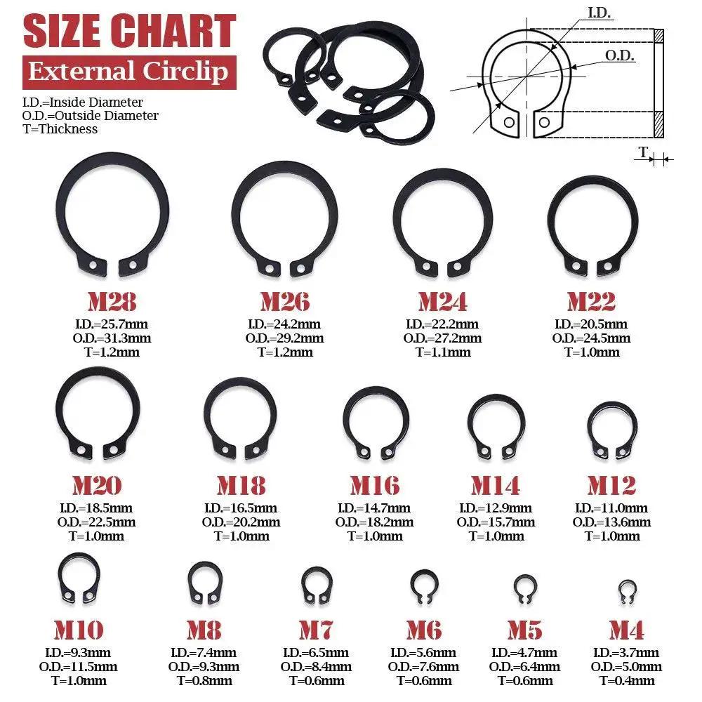 Size chart of Alloy Steel External Snap Ring Assortment Kit, 300-Piece, 15-Size Set 4mm to 28mm for machinery and DIY projects.