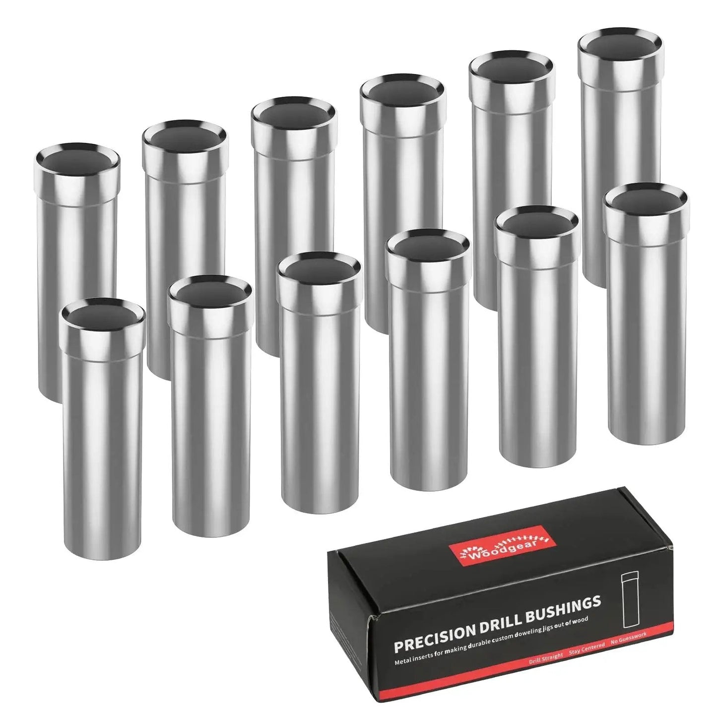 Alt Tag: Extra Deep Three Eighths Inch Drill Bushings Hardened Steel Guide Sleeves For Doweling Jigs, 12 Pack Precision Drill Guides