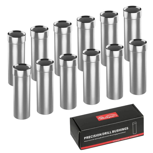 Alt Tag: Extra Deep Three Eighths Inch Drill Bushings Hardened Steel Guide Sleeves For Doweling Jigs, 12 Pack Precision Drill Guides