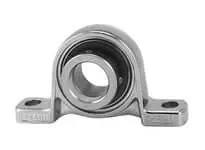 Front view of Single MUP005 25mm Pillow Block Bearing, Stainless Steel Ball Insert, Eccentric Locking Collar, ZDC Alloy Housing.
