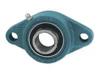 Front view of durable washdown flange bearing with a stainless steel insert and a two bolt set screw design for precise alignment.