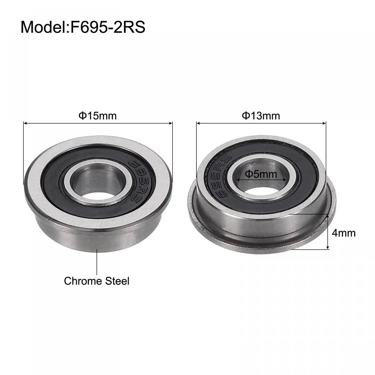Diagram of F695-2RS Flange Ball Bearing, chrome steel, 5x13x4mm, double sealed, dimensions labeled for micro machinery and mini CNC spindles.