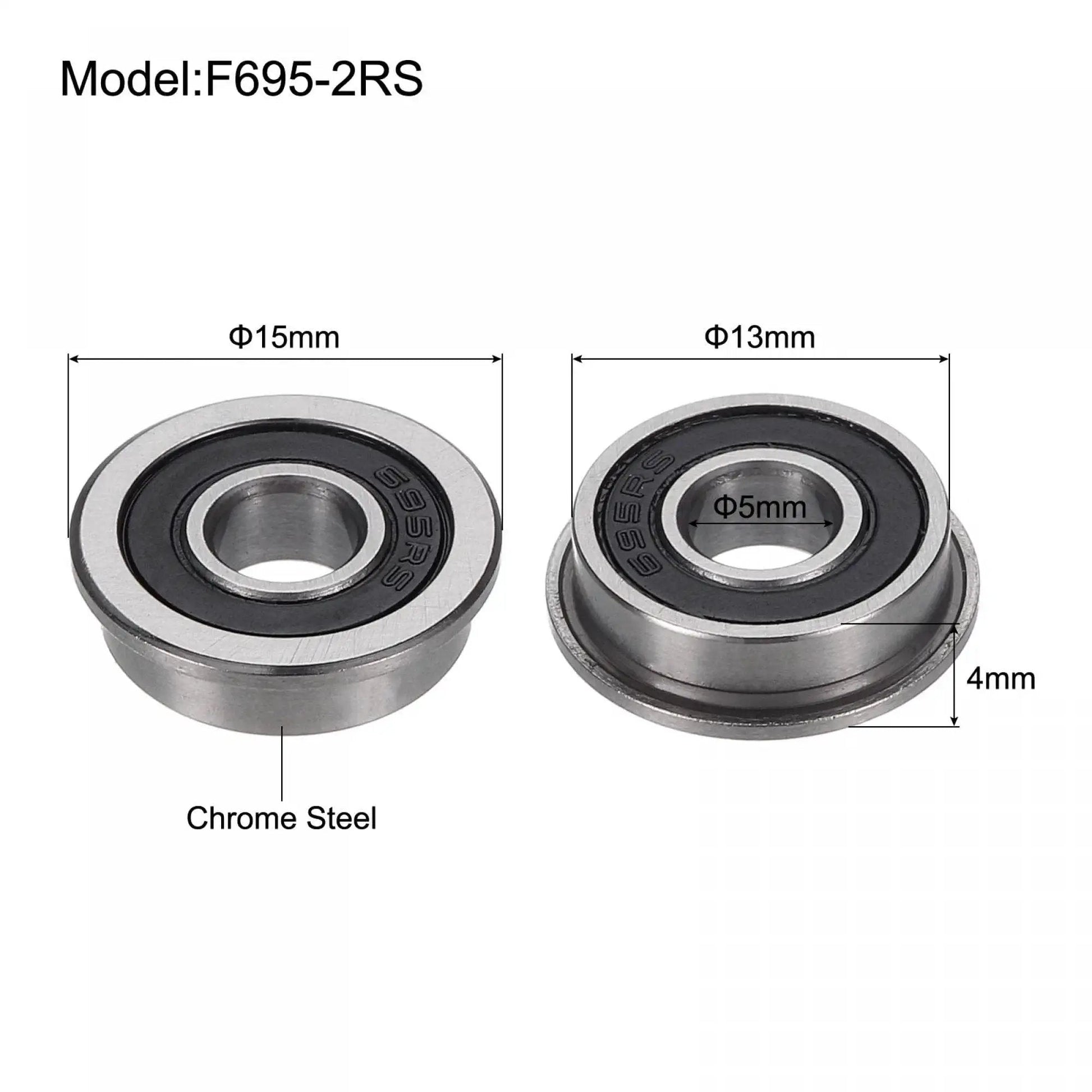 Diagram of F695-2RS Flange Ball Bearing, chrome steel, 5x13x4mm, double sealed, dimensions labeled for micro machinery and mini CNC spindles.