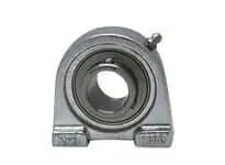 Front view of Stainless take-up base pillow block with S Lok locking set screw and 1 1/4 in bore and nickel plated housing.