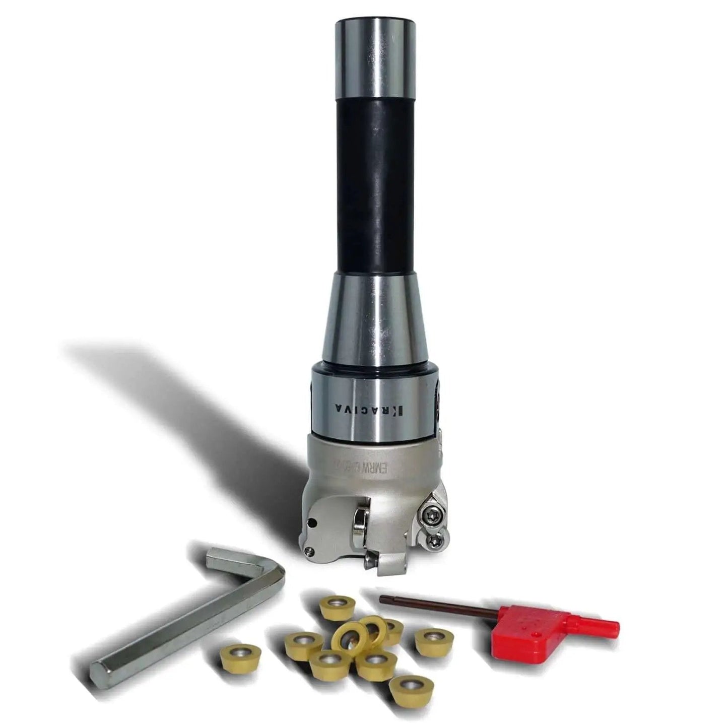 Beefy 50mm EMR Round Dowel Face Mill Kit With Four Slot High Efficiency Cutter For Multi Edge 10Pcs RPMT1204 Carbide Inserts R8 FMB22 Thread Shank Includes T15 Wrench And 8mm Spanner Kraciva
