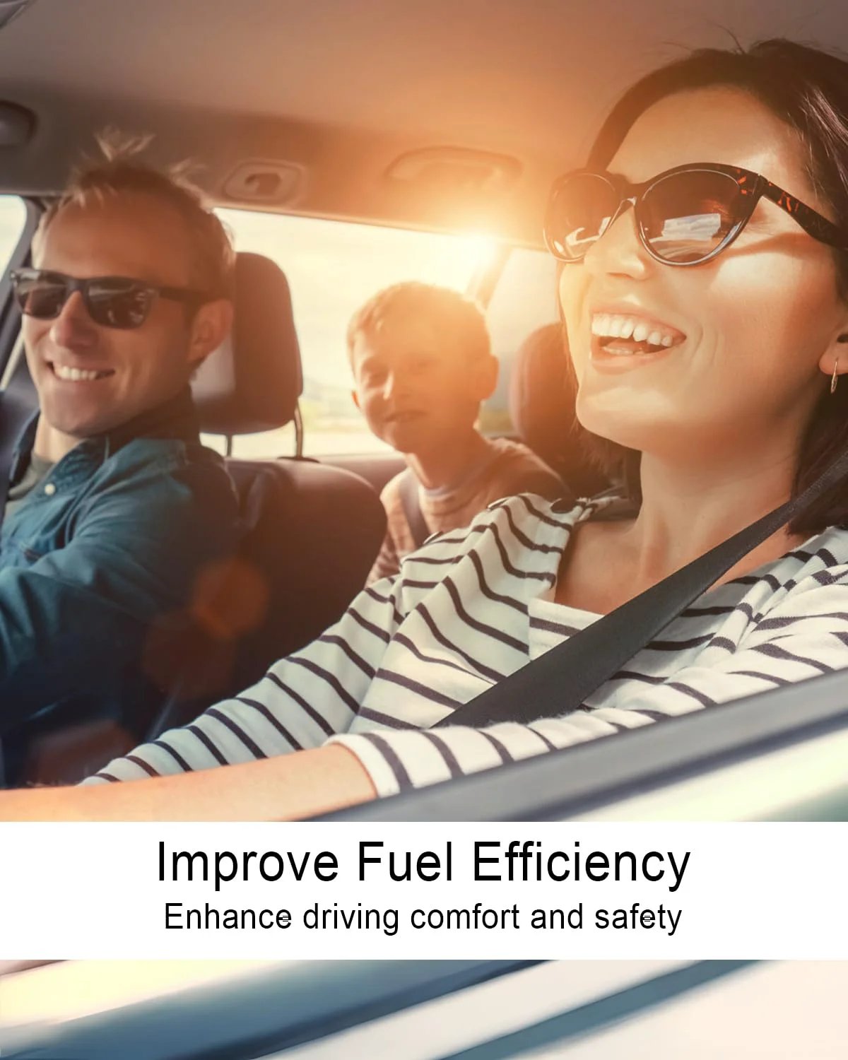Family enjoying a drive in a car, smiling while seated in the front seats during a sunny day.