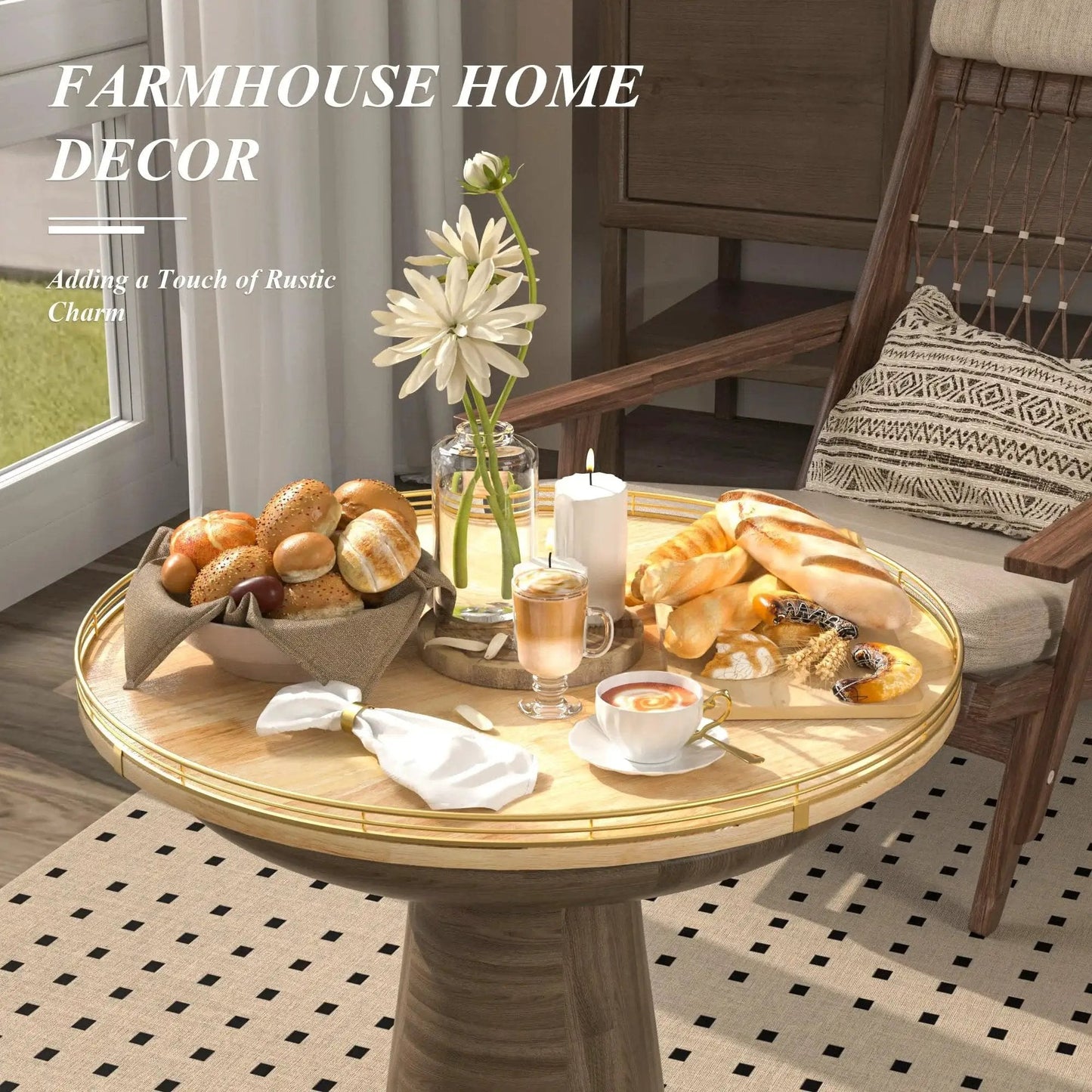 Extra Large 24 Inch Lazy Susan Turntable with solid oak wood and iron rustic farmhouse style rotating tray on dining table with brunch.