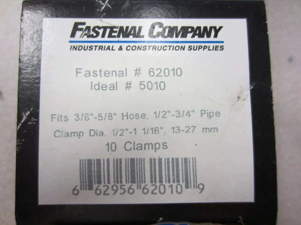 Fastenal 62010 Hose Clamps 5010 Pack of Ten box showing size information and barcode for automotive use.