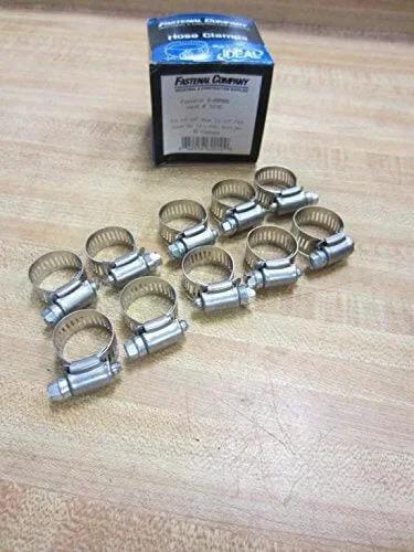 Fastenal 62010 Hose Clamps 5010 Pack of Ten Fits Three Eighths to Five Eighths Inch Hose and One Half to Three Quarter Inch Pipe Clamp Diameter One Half to One Inch Durable Steel for Reliable Automotive and Industrial Use, arranged on a wooden surface.