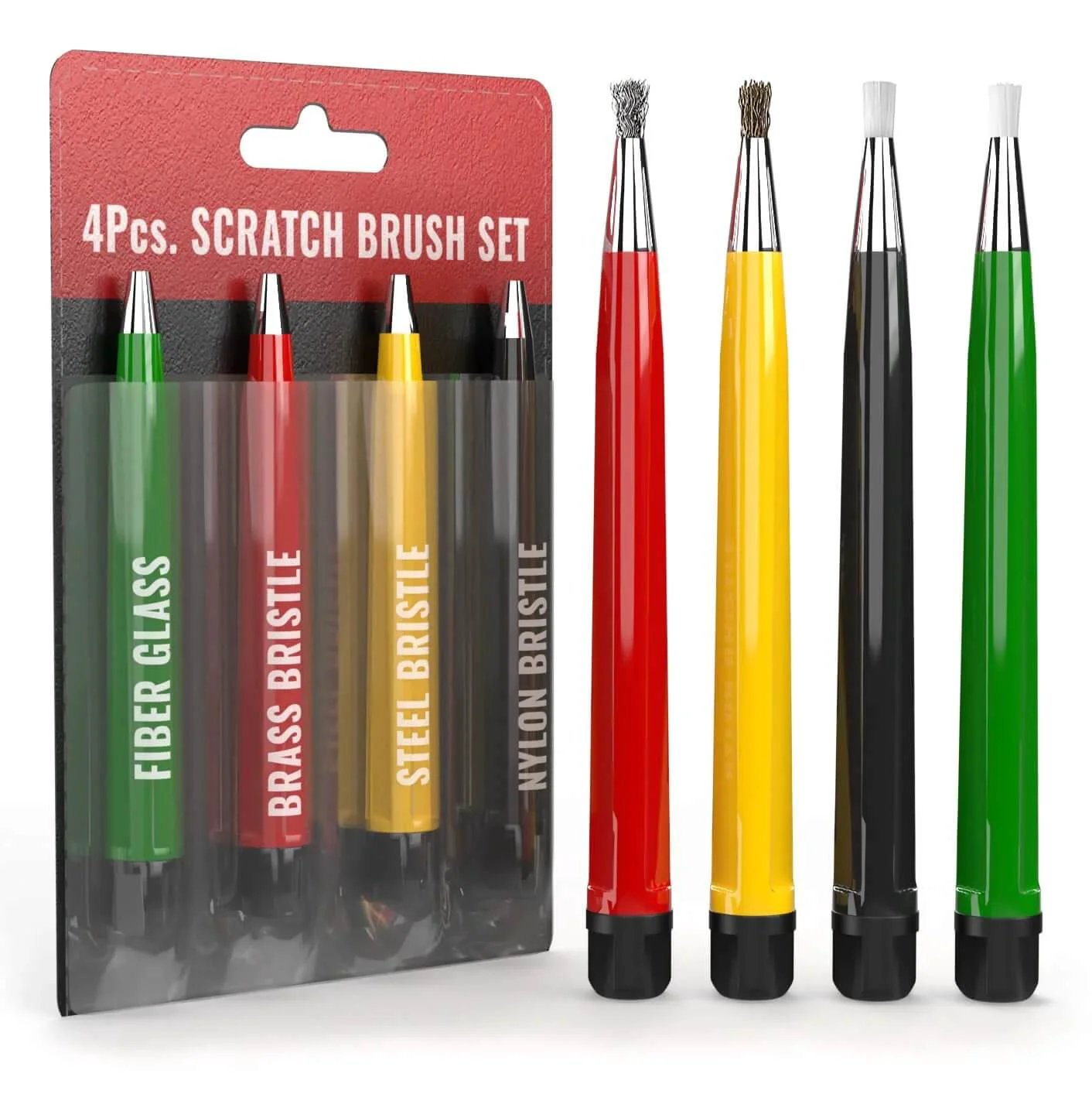 Fiberglass Pen Scratch Brush Set with steel, brass, nylon, fiberglass tips in packaging, showing 4-piece set for jewelry and auto work.