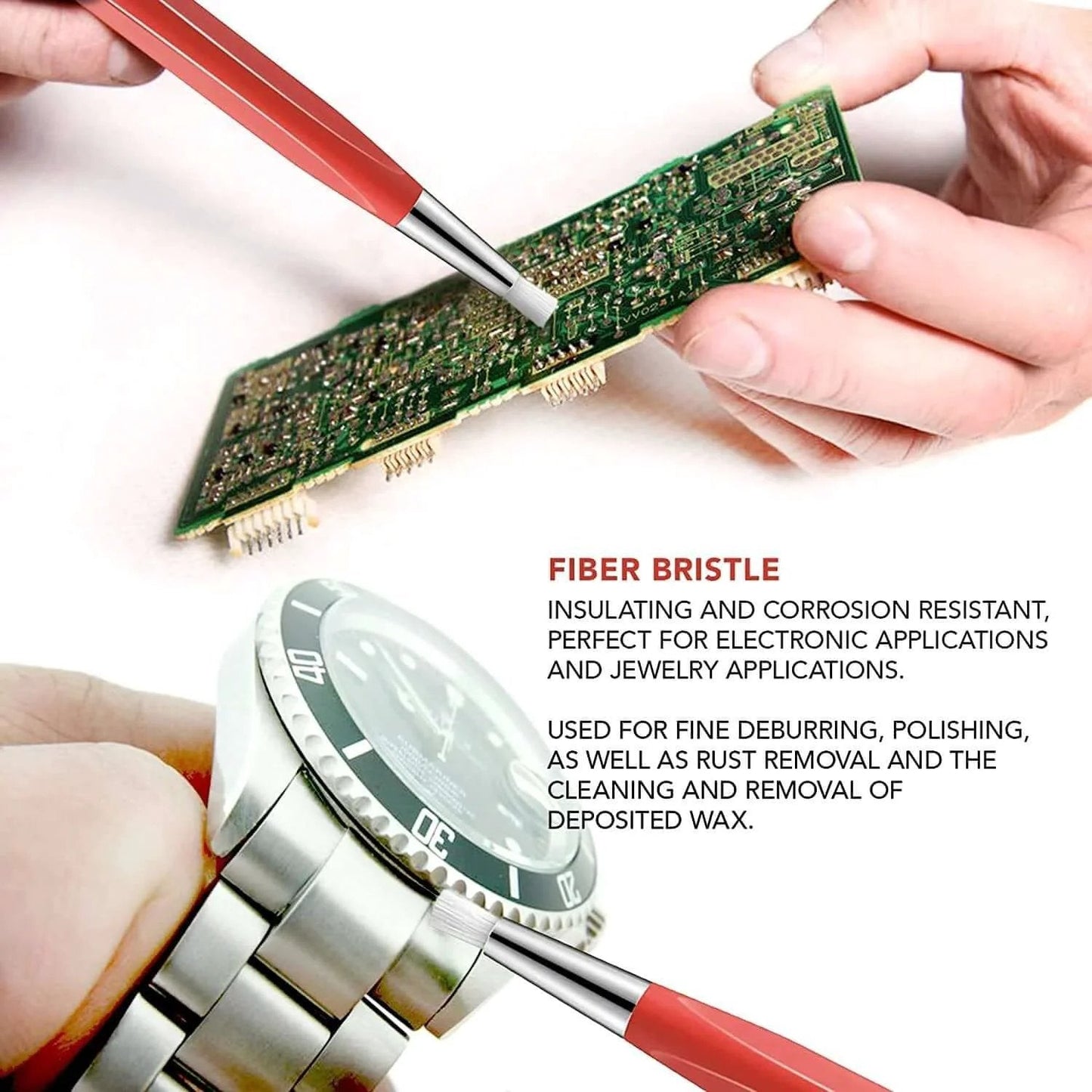 Fiberglass Pen Scratch Brush Set with fiberglass tip cleaning jewelry and circuit board, highlighting corrosion resistance and versatility.