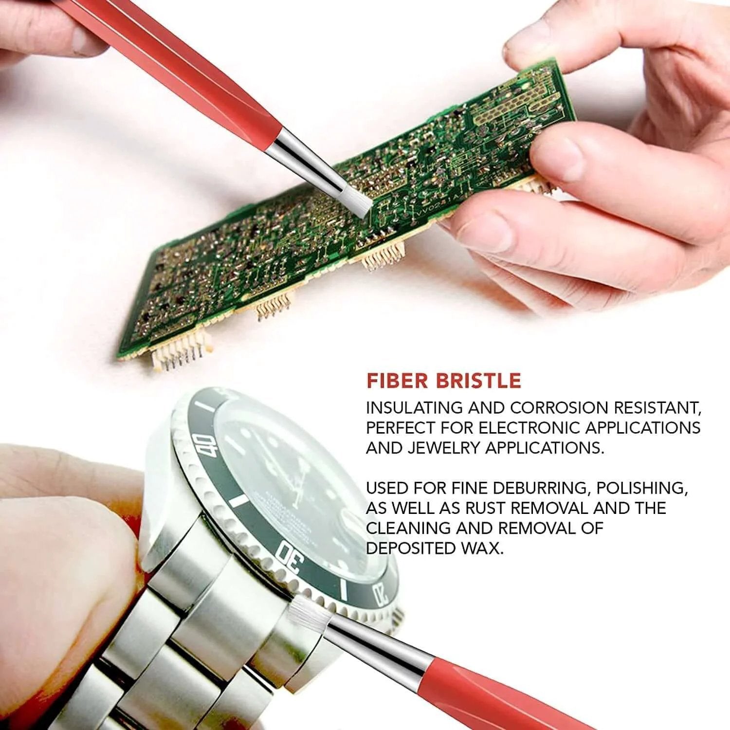 Fiberglass Pen Scratch Brush Set with fiberglass tip cleaning jewelry and circuit board, highlighting corrosion resistance and versatility.