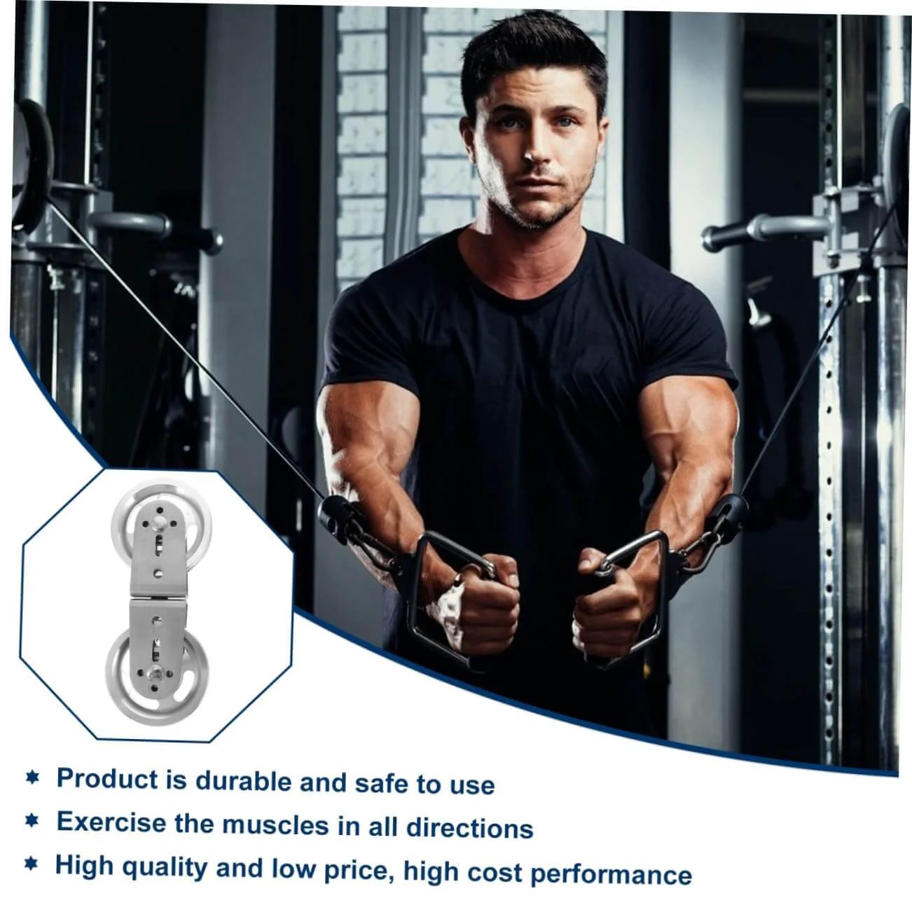 Aluminum Alloy Swivel Groove Pulley for Fitness Equipment Noiseless Wire Rope Lifting Accessory Strength Training Part Heavy Duty Bearing Gym Gear installed in gym machine, with person exercising