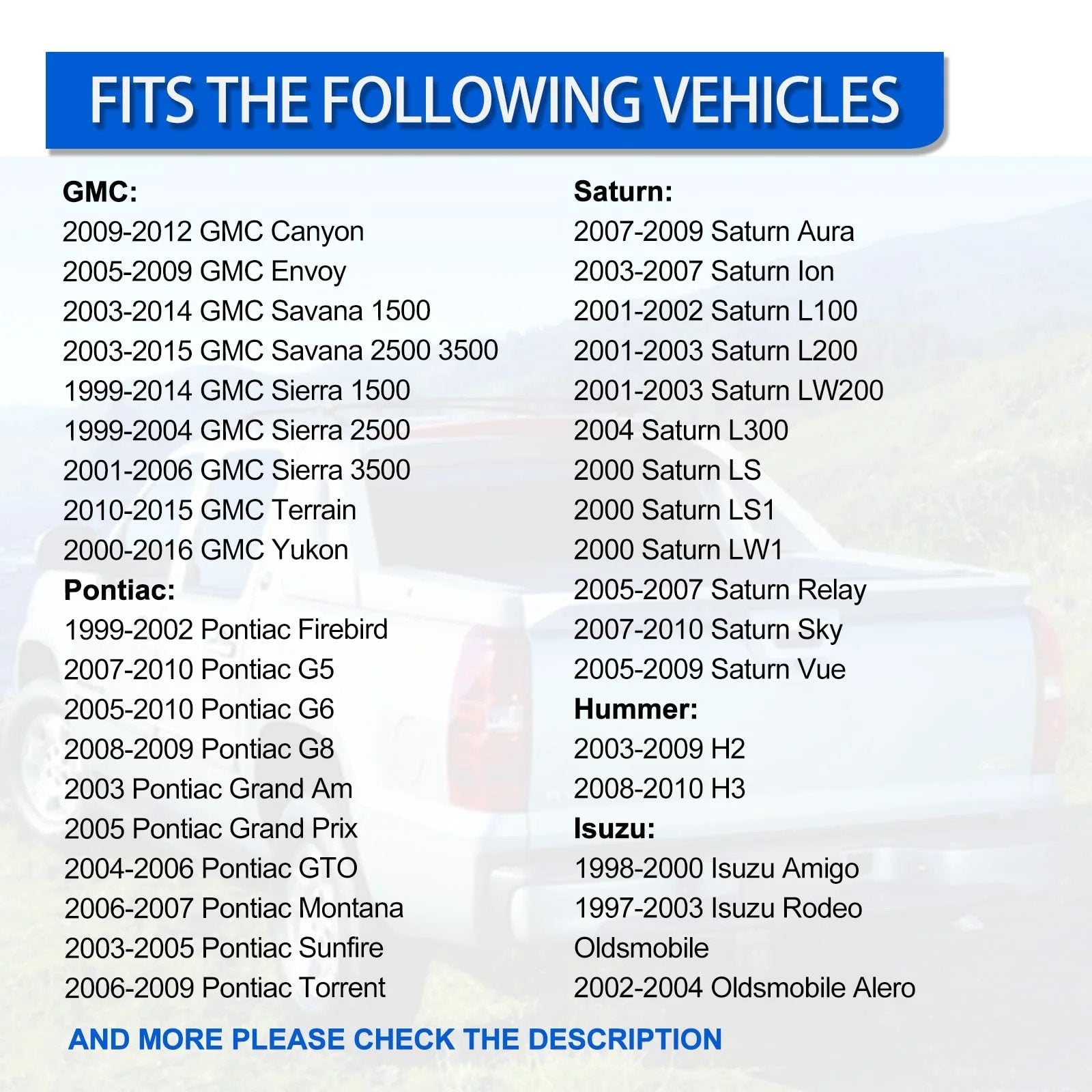 List of vehicles compatible with Engine Coolant Temperature Sensor for Chevy SUVs and Trucks including Avalanche, Impala, and more.