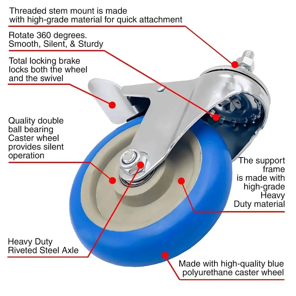 Heavy Duty Five Inch Blue Caster Wheel With Dual Locking Brake For Three Eighths To One Point Two Inch Threaded Stem Mounts 350 Lb Capacity Per Wheel Premium Polyurethane Non Marking No Noise Four Pack Ideal For Carts Dollies Workbenches And Equipment showing close-up of blue polyurethane wheel with locking brake and metal stem.