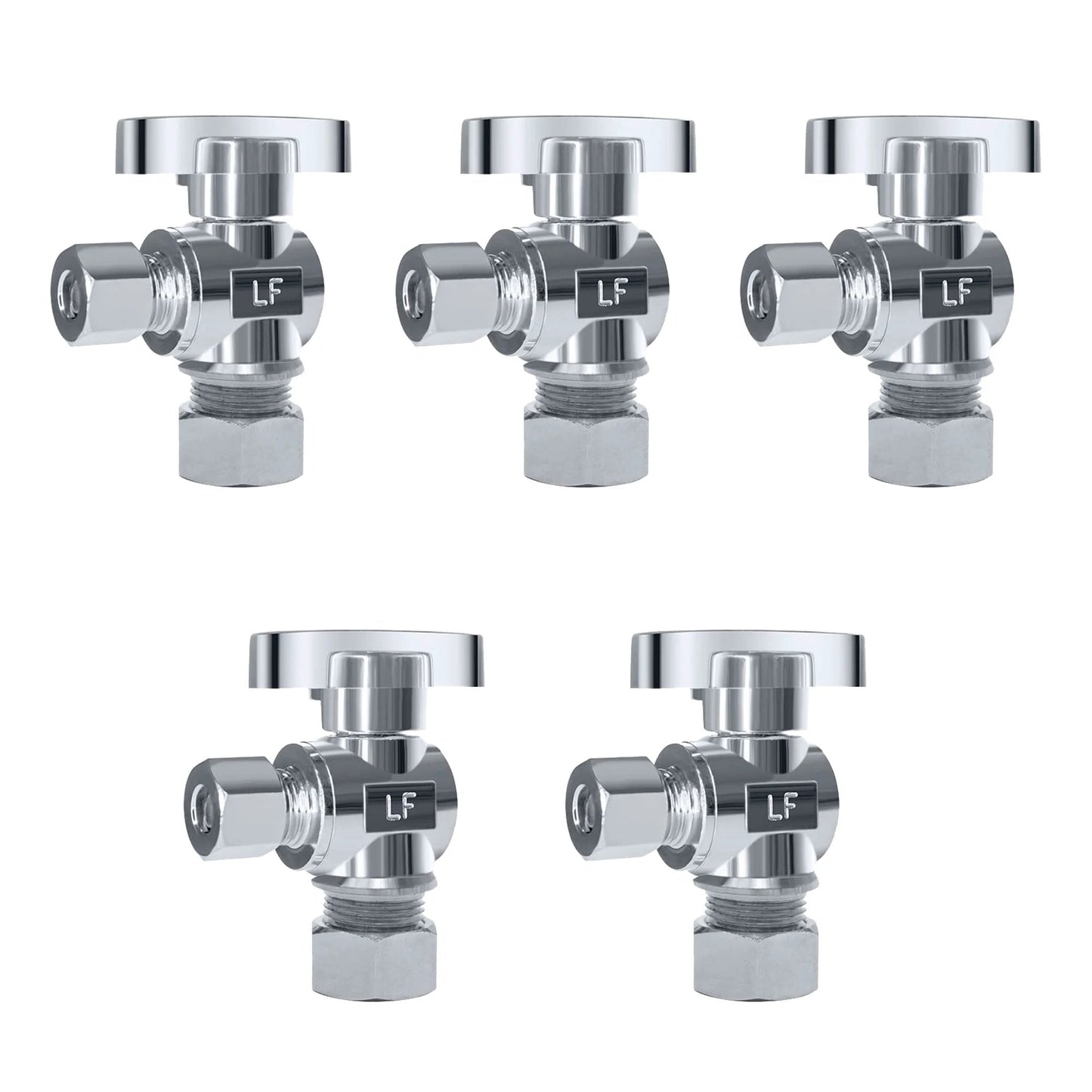 Five Pack One Half Inch NOM Compression And Three Eighth Inch OD Compression Angle Stop Valve With Quarter Turn Brass Chrome Plated Water Shut Off Valve For Faucets Durable Brass Construction With Corrosion Resistant Chrome Plated Finish For Lasting - view of five valves arranged in a row.