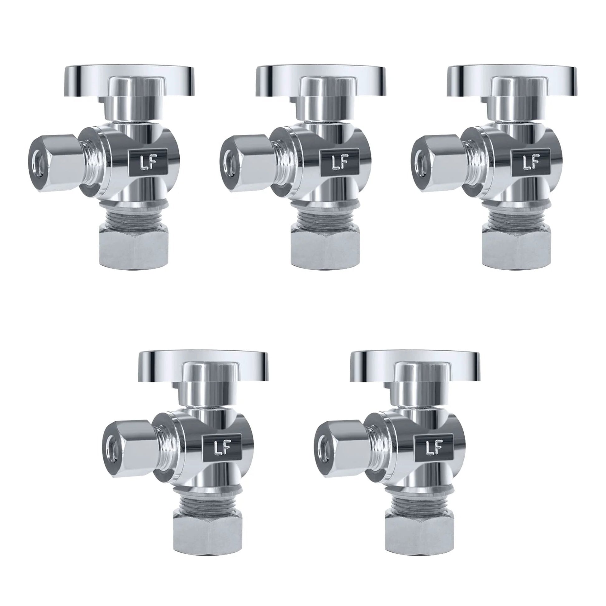 Five Pack One Half Inch NOM Compression And Three Eighth Inch OD Compression Angle Stop Valve With Quarter Turn Brass Chrome Plated Water Shut Off Valve For Faucets Durable Brass Construction With Corrosion Resistant Chrome Plated Finish For Lasting - view of five valves arranged in a row.