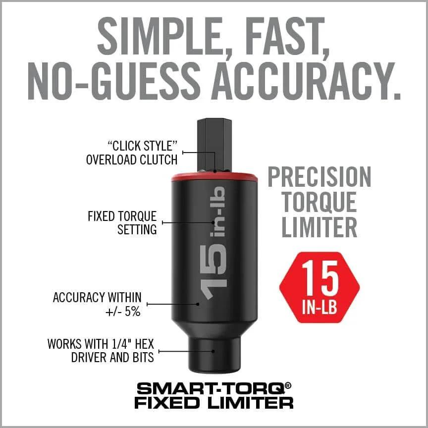 Fixed 15 Inch-Lb Torque Limiter with Click-Style Clutch, Accuracy Within +/- 5%, Compatible with 1/4" Hex Drivers and Bits