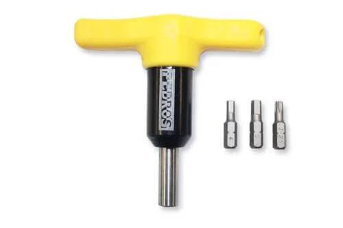 Fixed Torque Drive 4NM Yellow with magnetic hex drive and interchangeable bits, displayed on white background.