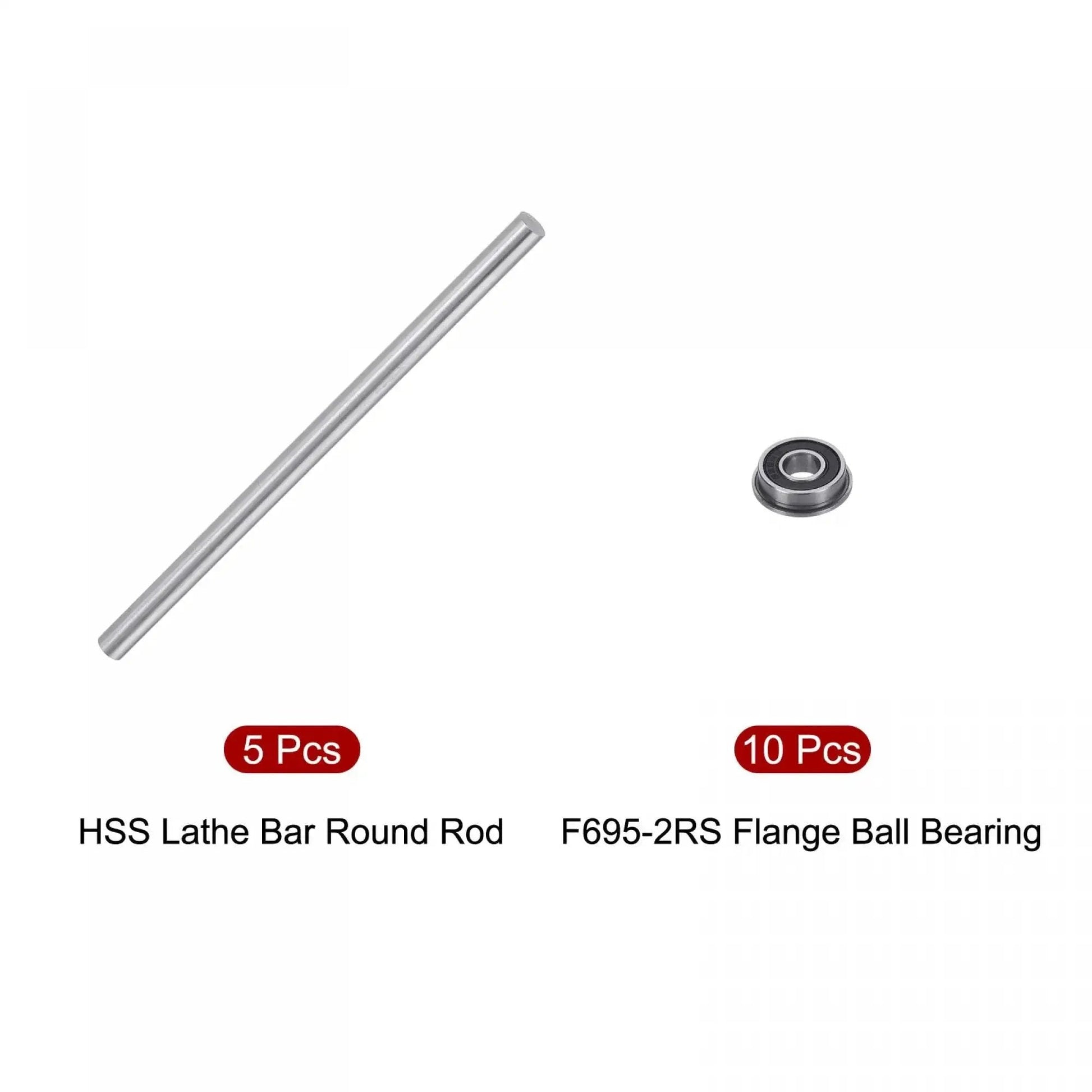F695-2RS Flange Ball Bearing 5x13x4mm Double Sealed Chrome Steel Bearings with 5mm HSS Lathe Bar Round Rods, Pack of 10
