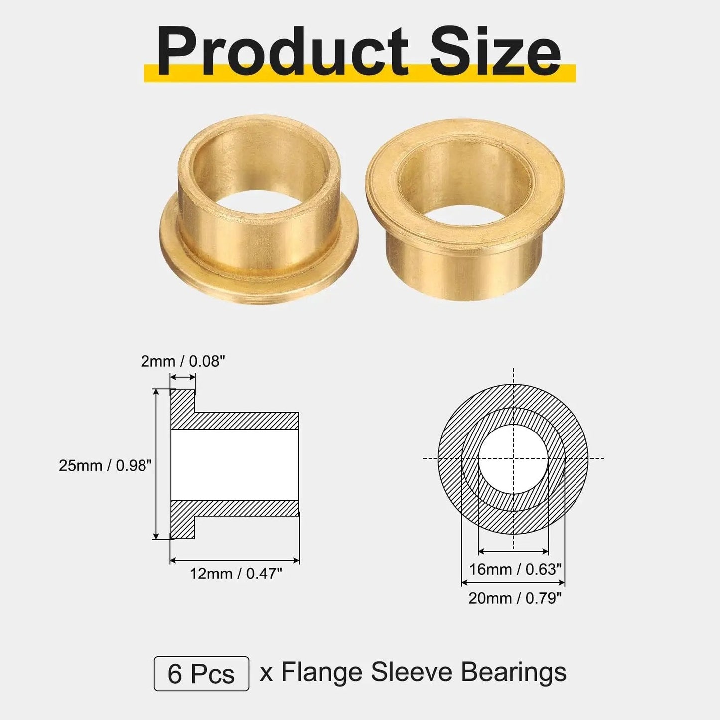 Image of Six Piece Flange Sleeve Bearings Set With 16mm Bore, 20mm Outer Diameter, and technical specifications diagram.